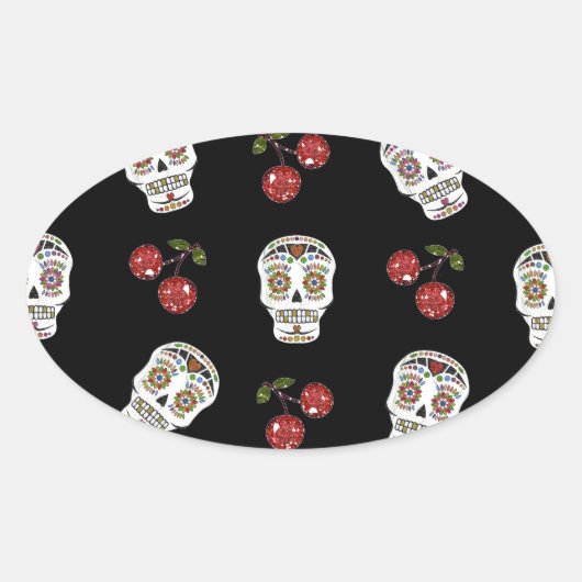 Sticker Ovale RAB Rockabilly Sugar Skulls Cherries On Black (Devant)