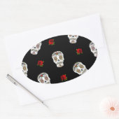 Sticker Ovale RAB Rockabilly Sugar Skulls Roses On Black (Enveloppe)