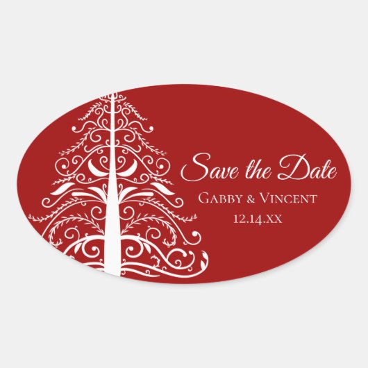 Sticker Ovale Red Christmas Tree Winter Wedding Enregistrer la d (Devant)