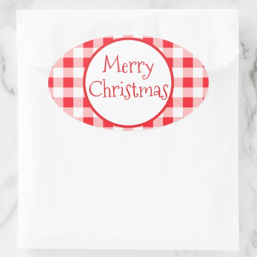 Sticker Ovale Red White Check Whimsical MERRY CHRISTMAS (Sac)