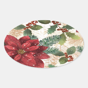 Sticker Ovale Rétro 50 Poinsettia Rouge Vert Crème
