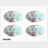 Sticker Ovale ROMANTICA MONOGRAM, Enregistrer la date, Bleu (Feuille)