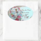 Sticker Ovale ROMANTICA MONOGRAM, Enregistrer la date, Bleu (Sac)