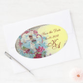 Sticker Ovale ROMANTICA MONOGRAM, Enregistrer la date, Jaune (Enveloppe)