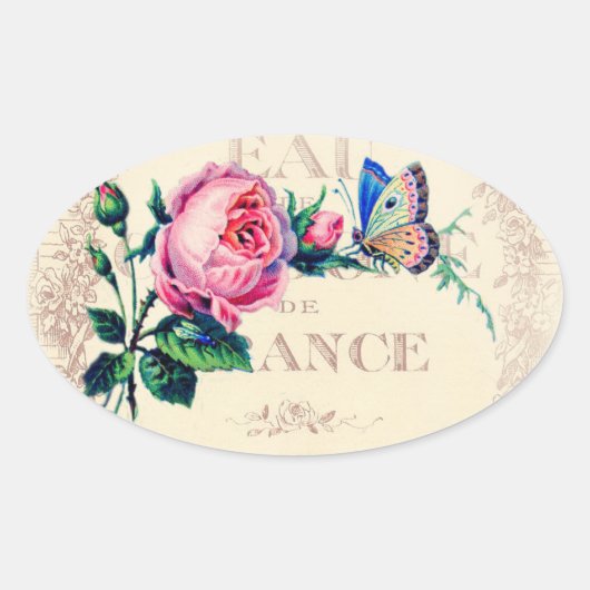 Sticker Ovale Rose et papillon sur l'antique parfum français éti (Devant)