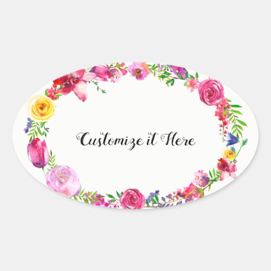 Sticker Ovale Rose Purple Vert Fleurs Printemps Floral Moderne (Devant)