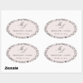 Sticker Ovale Rose rose et noir Monogramme mariage Faveur (Feuille)