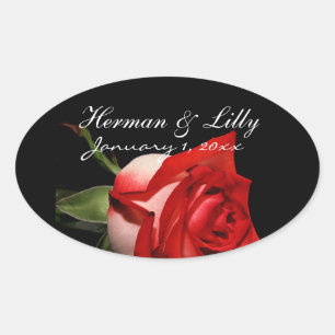 Sticker Ovale Rose rouge et blanc Mariage personnalisé