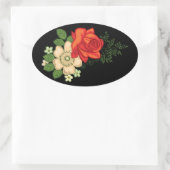 Sticker Ovale Rose rouge et marguerites Arrière - plan noir (Sac)