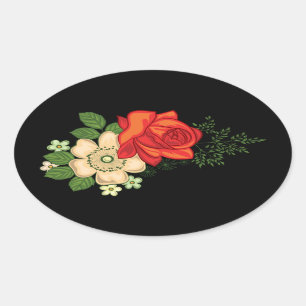Sticker Ovale Rose rouge et marguerites sur fond noir