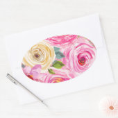Sticker Ovale Roses aquarelles en rose et crème avec paillettes  (Enveloppe)