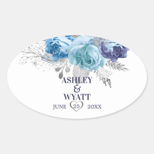 Sticker Ovale Roses bleus avec Feuilles brillants (Devant)