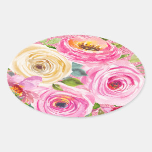 Sticker Ovale Roses d'aquarelle en Parties scintillant rose et c
