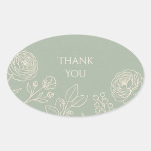 Sticker Ovale Sage Line Art Floral Merci