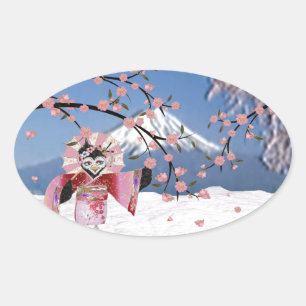 Sticker Ovale Sakura Geisha Oiseau dans les Cerisiers en Fleur s