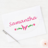 Sticker Ovale Samantha (Papillon rose) (Enveloppe)