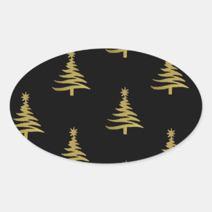 Sticker Ovale Sapins de Noël Or sur Fond Noir