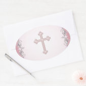 Sticker Ovale Sceaux de fleurs de Damas de croix rose (Enveloppe)