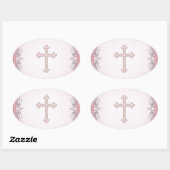 Sticker Ovale Sceaux de fleurs de Damas de croix rose (Feuille)