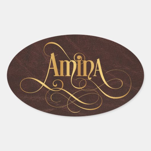 Sticker Ovale Script Tourbillonnant personnalisé Amina Gold en c (Devant)