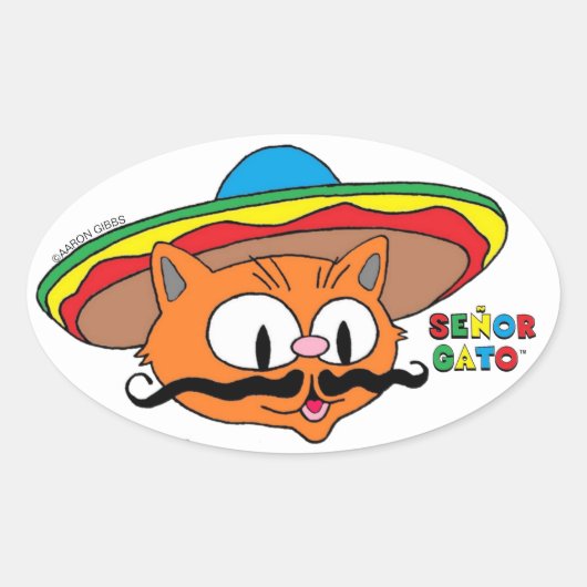Sticker Ovale Senor Gato caricature Mustache Cat (Devant)