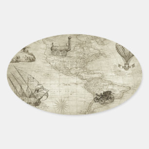 Sticker Ovale Sepia Old Antique Vintage États-Unis Carte Voyage
