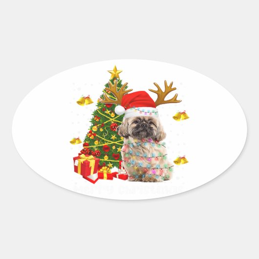 Sticker Ovale Shih Tzu Christmas Lights Tree | Santa Xmas (Devant)