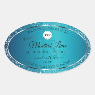 Sticker Ovale Shimmery Turquoise Logo Initiales Parties scintill