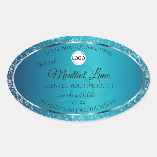 Sticker Ovale Shimmery Turquoise Logo Initiales Parties scintill (Devant)