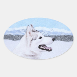 Sticker Ovale Sibérie Husky (argent et blanc) Peinture Chien Art