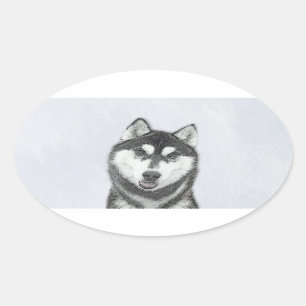 Sticker Ovale Sibérie Husky (noir et blanc) Peinture Chien Art