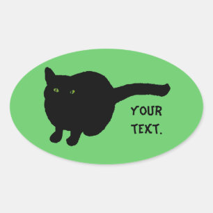 Sticker Ovale Silhouette de chat noir, yeux verts Votre texte St