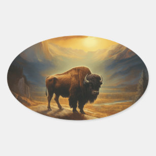 Sticker Ovale Silhouette du coucher de soleil de bison de buffle