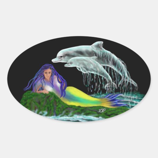 Sticker Ovale Sirène avec dauphins (Devant)