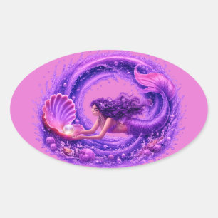 Sticker Ovale Sirène Chercheuse de Perle Violette Art Fantastiqu