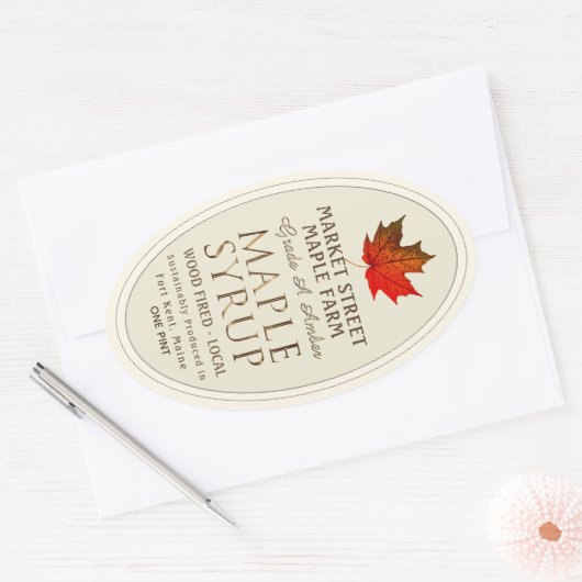 Sticker Ovale Sirop d'érable à bordure or avec feuille d'érable  (Enveloppe)