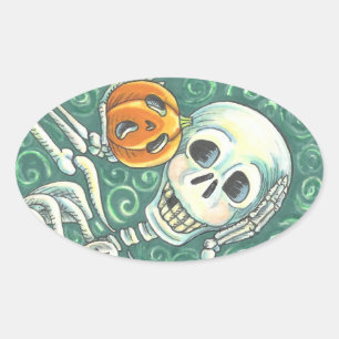 Sticker Ovale SKELETON ET JACK-O'-LANTERN STICKERS, FEUILLE Oval