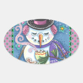 STICKER OVALE SNOWMAN, GINGERPREAD MAN & MUG OF CHOCOLAT CHAUD (Devant)