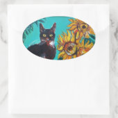 STICKER OVALE SOUCHES AVEC CHAT NOIR EN TURQUOISE BLEUE (Sac)
