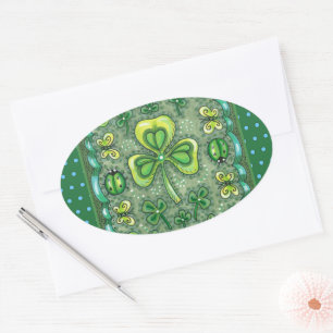 STICKER OVALE ST. PATRICK'S DAY FOLK ART SHAMROCKS N'LADYBUGS