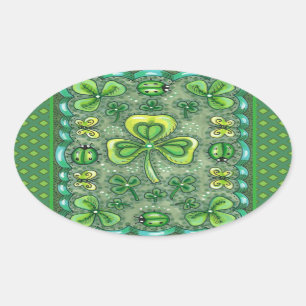 STICKER OVALE ST. PATRICK'S DAY FOLK ART SHAMROCKS N'LADYBUGS