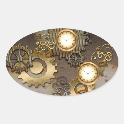 Sticker Ovale Steampunk, horloges et engrenages (Devant)
