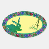 Sticker Ovale Stick de lapin de Pâques et oeufs Roses Monogramme (Devant)