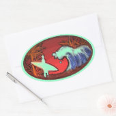 Sticker Ovale Surfer vagues mer vert de la plage d'art de scène  (Enveloppe)