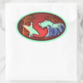 Sticker Ovale Surfer vagues mer vert de la plage d'art de scène  (Sac)