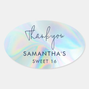Sticker Ovale Sweet 16 Anniversaire Faux Merci holographique