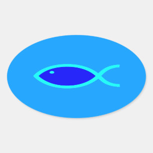 Sticker Ovale Symbole chrétien de poissons - FORT ! Bleu et Aqu
