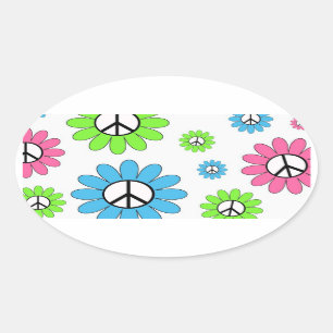 Sticker Ovale Symbole de paix rétro Fleurs
