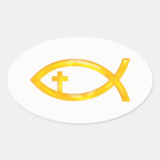 Sticker Ovale Symbole de poisson chrétien d'or avec Crucifix (Devant)