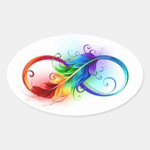 Sticker Ovale Symbole d'infini avec plume arc-en-ciel